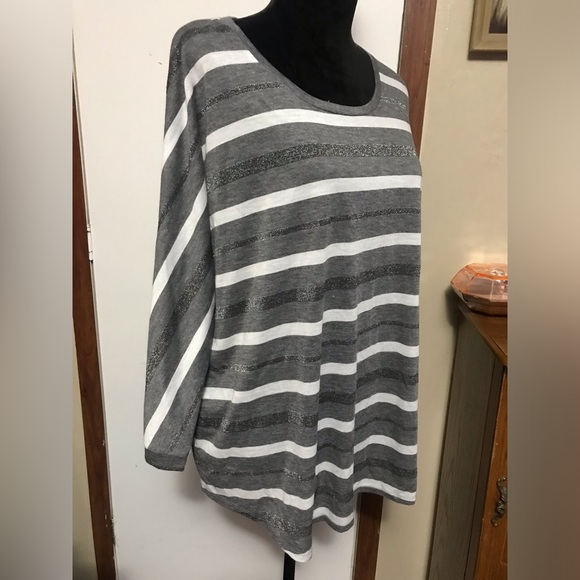 Cato Tops - Cato Gray and White Striped Scoop Neck Women's Top
